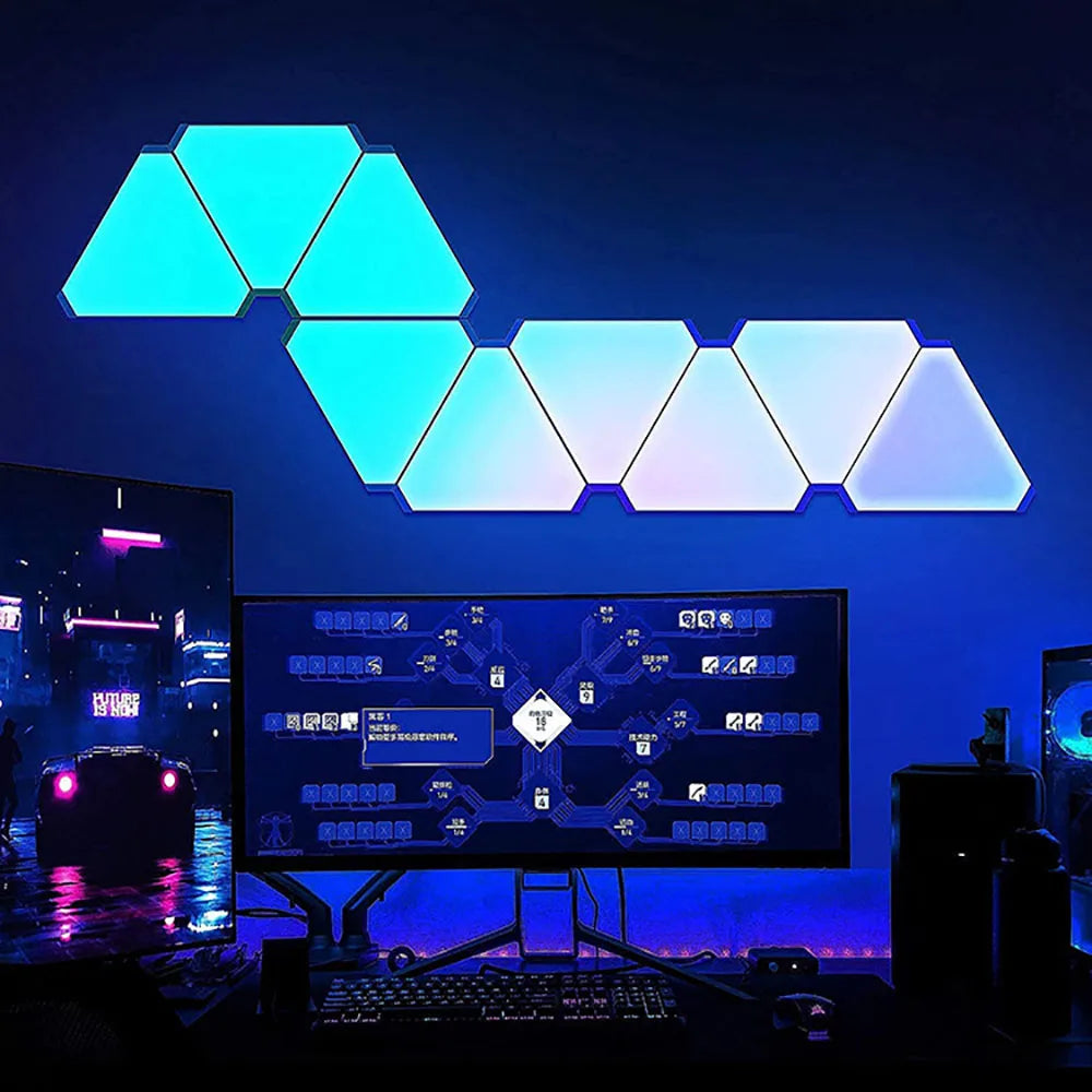 Illuminate Your Space with the LED Triangular Quantum RGB Wall Lamp - Smart Rhythm Background Light for Bedroom and Office Decor