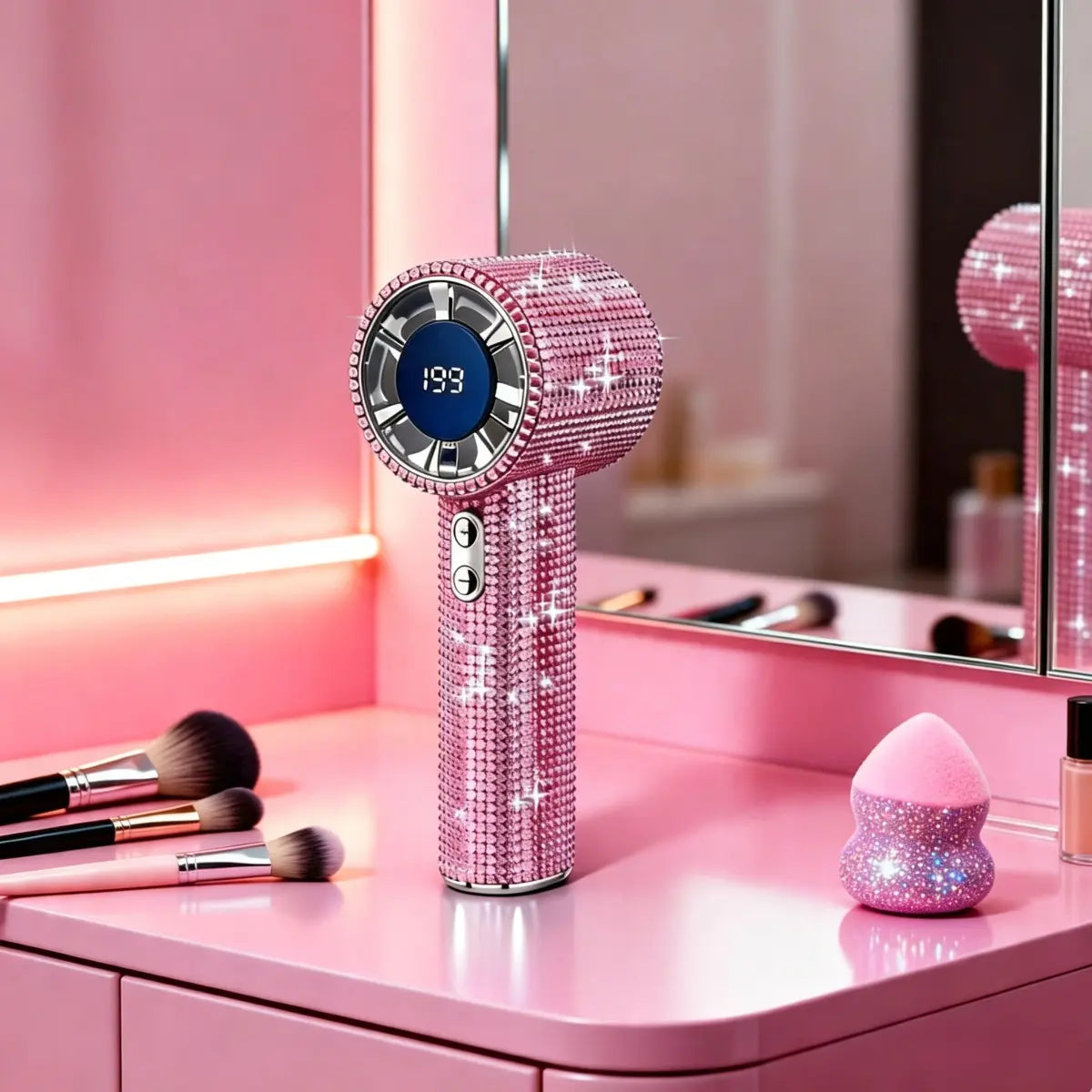 Bling Queen Diamond Handheld Fan - Portable Mini Fan with Digital Display, Adjustable Speed, Rechargeable for Travel, Makeup, Outdoor Use, Ideal Gift for Women