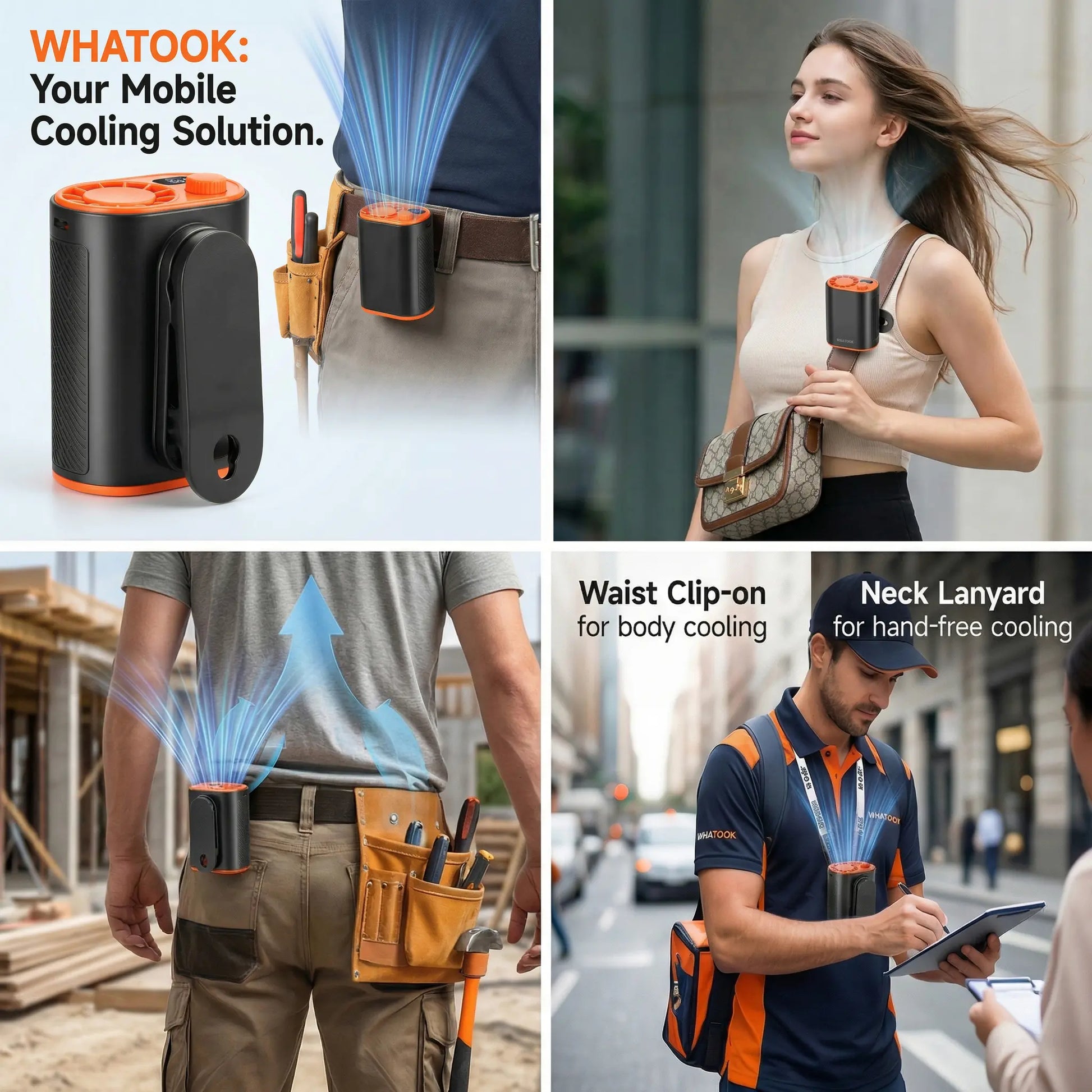 WHATOOK Portable Clip-On Waist Fan: AI Rechargeable Hands-Free Neck Fan with 10M/S Strong Airflow, 360° Rotatable Clip, and Adjustable Speed Settings for Outdoor Activities and Job Sites