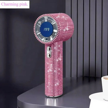 Bling Queen Diamond Handheld Fan - Portable Mini Fan with Digital Display, Adjustable Speed, Rechargeable for Travel, Makeup, Outdoor Use, Ideal Gift for Women