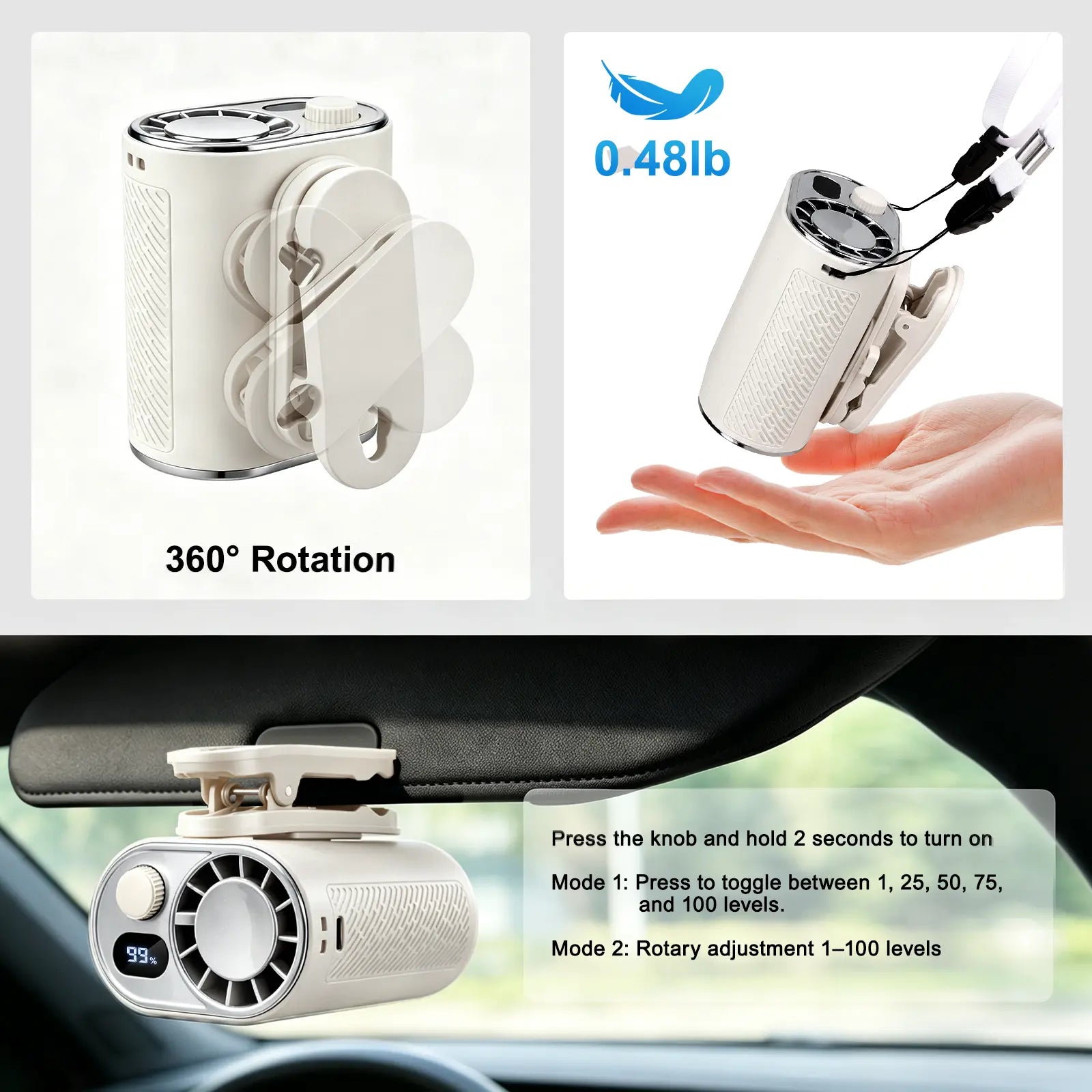 WHATOOK Portable Clip-On Waist Fan: AI Rechargeable Hands-Free Neck Fan with 10M/S Strong Airflow, 360° Rotatable Clip, and Adjustable Speed Settings for Outdoor Activities and Job Sites