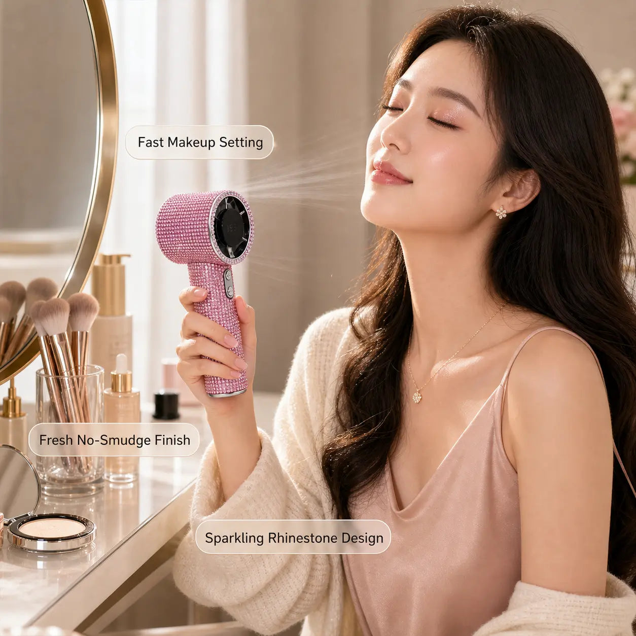 Bling Queen Diamond Handheld Fan - Portable Mini Fan with Digital Display, Adjustable Speed, Rechargeable for Travel, Makeup, Outdoor Use, Ideal Gift for Women