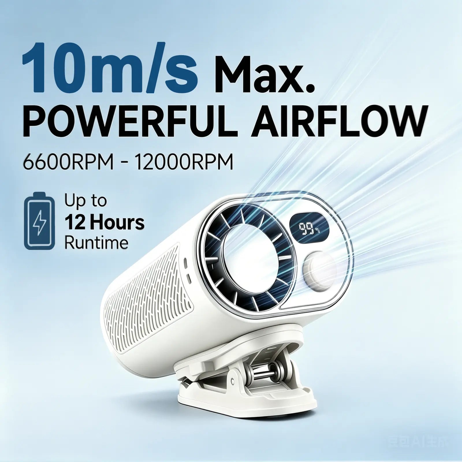 WHATOOK Portable Clip-On Waist Fan: AI Rechargeable Hands-Free Neck Fan with 10M/S Strong Airflow, 360° Rotatable Clip, and Adjustable Speed Settings for Outdoor Activities and Job Sites