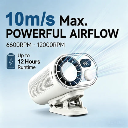 WHATOOK Portable Clip-On Waist Fan: AI Rechargeable Hands-Free Neck Fan with 10M/S Strong Airflow, 360° Rotatable Clip, and Adjustable Speed Settings for Outdoor Activities and Job Sites