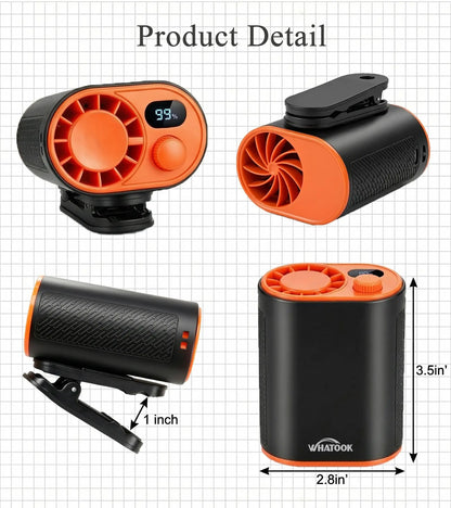 WHATOOK Portable Clip-On Waist Fan: AI Rechargeable Hands-Free Neck Fan with 10M/S Strong Airflow, 360° Rotatable Clip, and Adjustable Speed Settings for Outdoor Activities and Job Sites