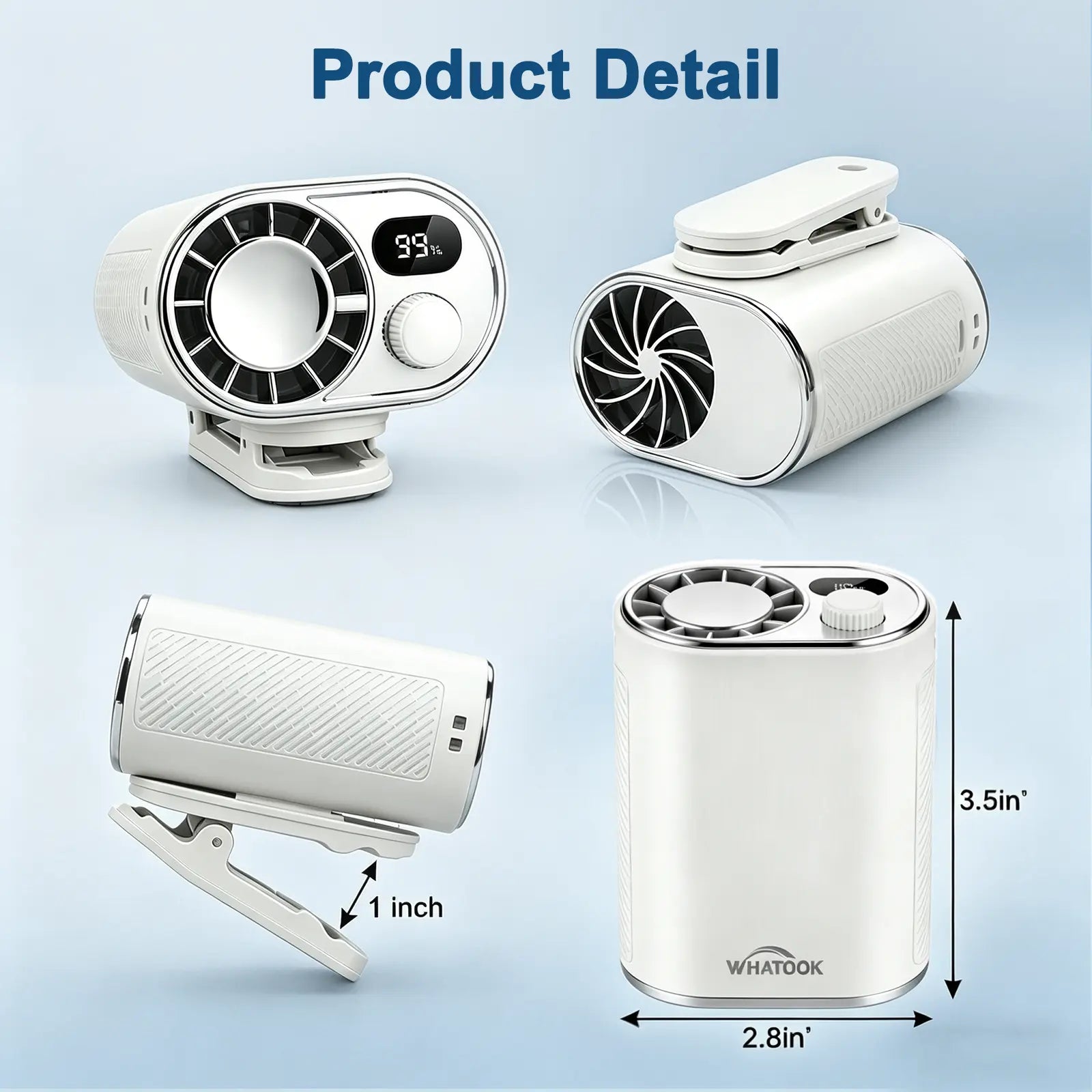 WHATOOK Portable Clip-On Waist Fan: AI Rechargeable Hands-Free Neck Fan with 10M/S Strong Airflow, 360° Rotatable Clip, and Adjustable Speed Settings for Outdoor Activities and Job Sites