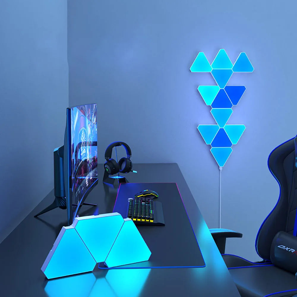 Illuminate Your Space with the LED Triangular Quantum RGB Wall Lamp - Smart Rhythm Background Light for Bedroom and Office Decor