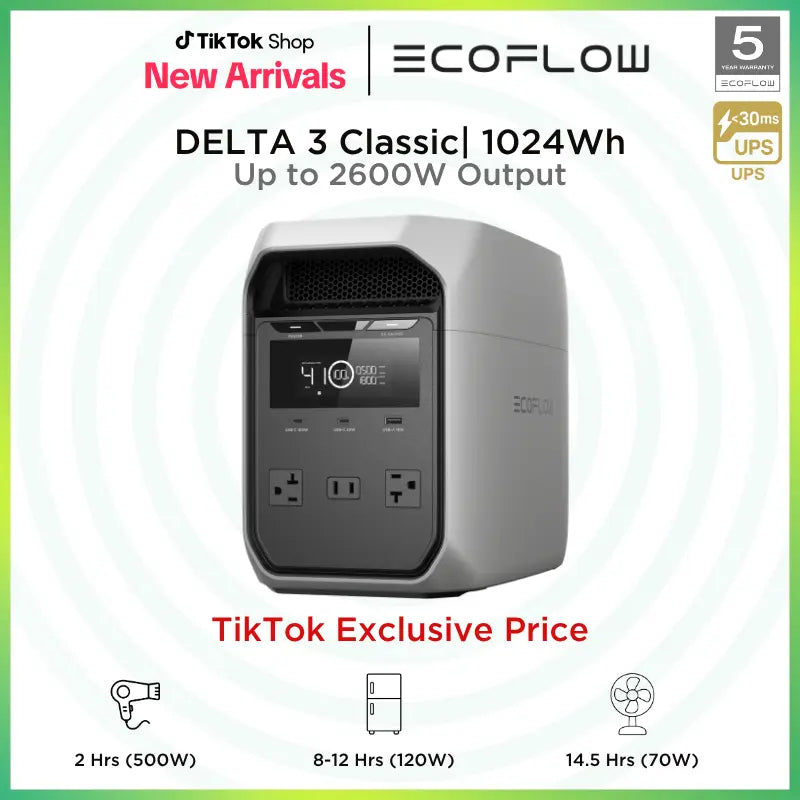 ECOFLOW DELTA 3 Classic Portable Power Station with LiFePO4 Battery and Rapid Charging for Home Backup Solutions