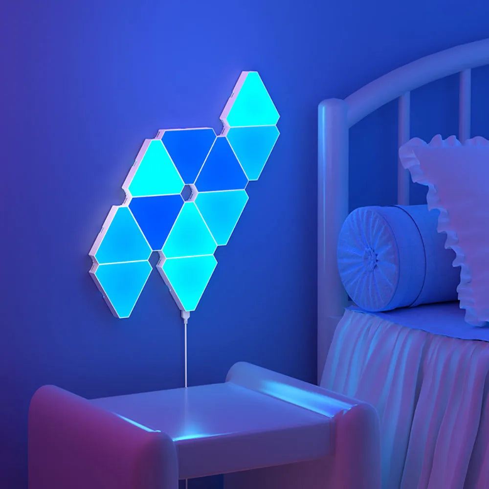 Illuminate Your Space with the LED Triangular Quantum RGB Wall Lamp - Smart Rhythm Background Light for Bedroom and Office Decor