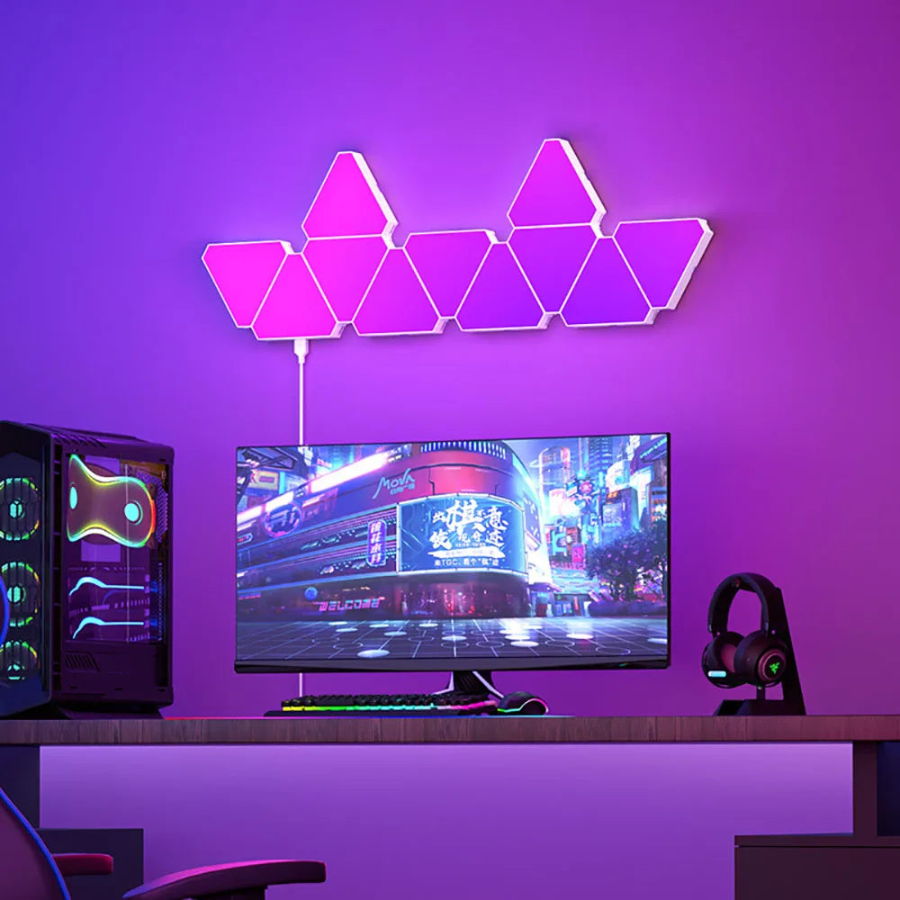 Illuminate Your Space with the LED Triangular Quantum RGB Wall Lamp - Smart Rhythm Background Light for Bedroom and Office Decor