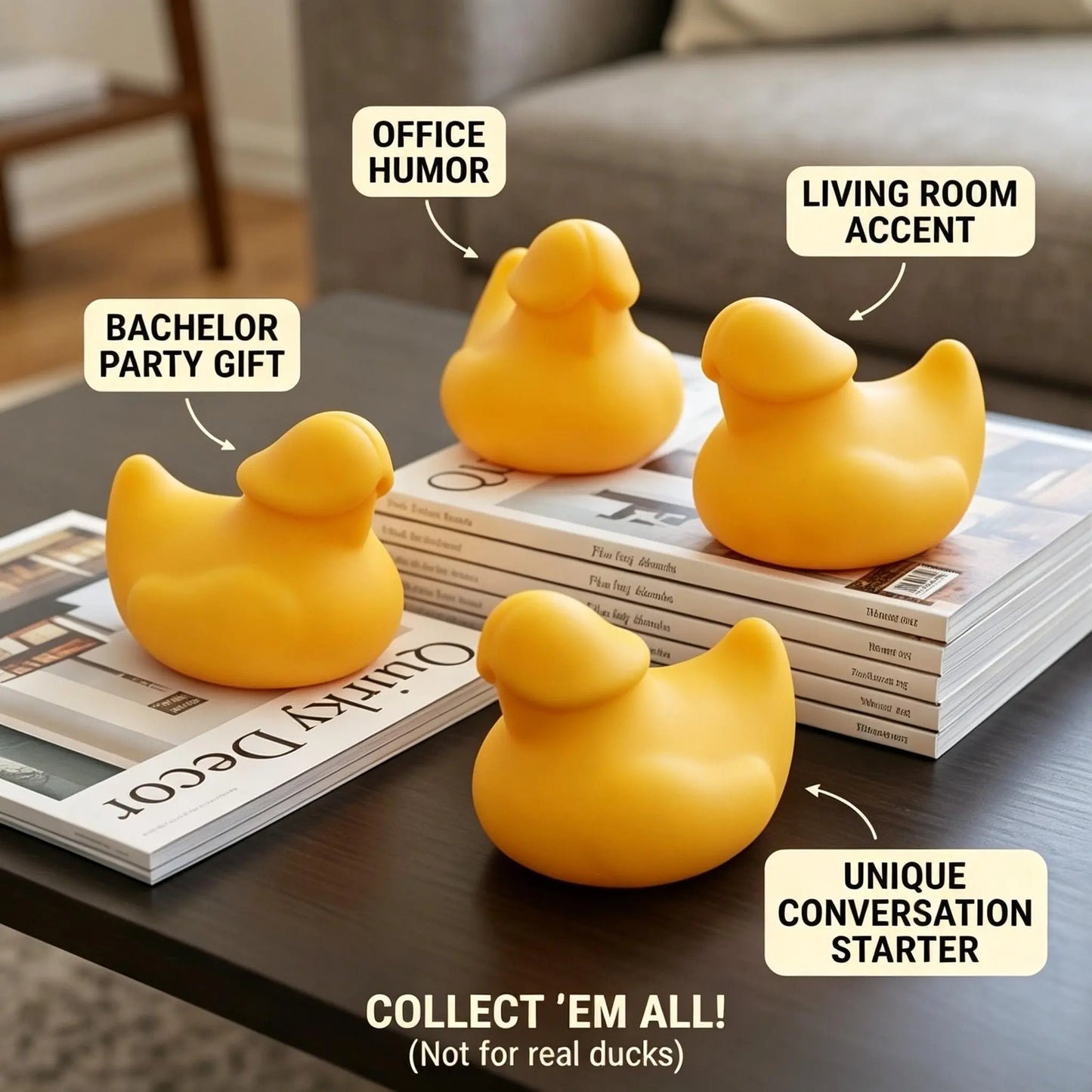 Mini Duck Collection - Humorous Car Dashboard Accessories for 4X4 Enthusiasts | Office Desk Decor | Squeeze & Quack Bath Duck Prank Toys - Set of 4