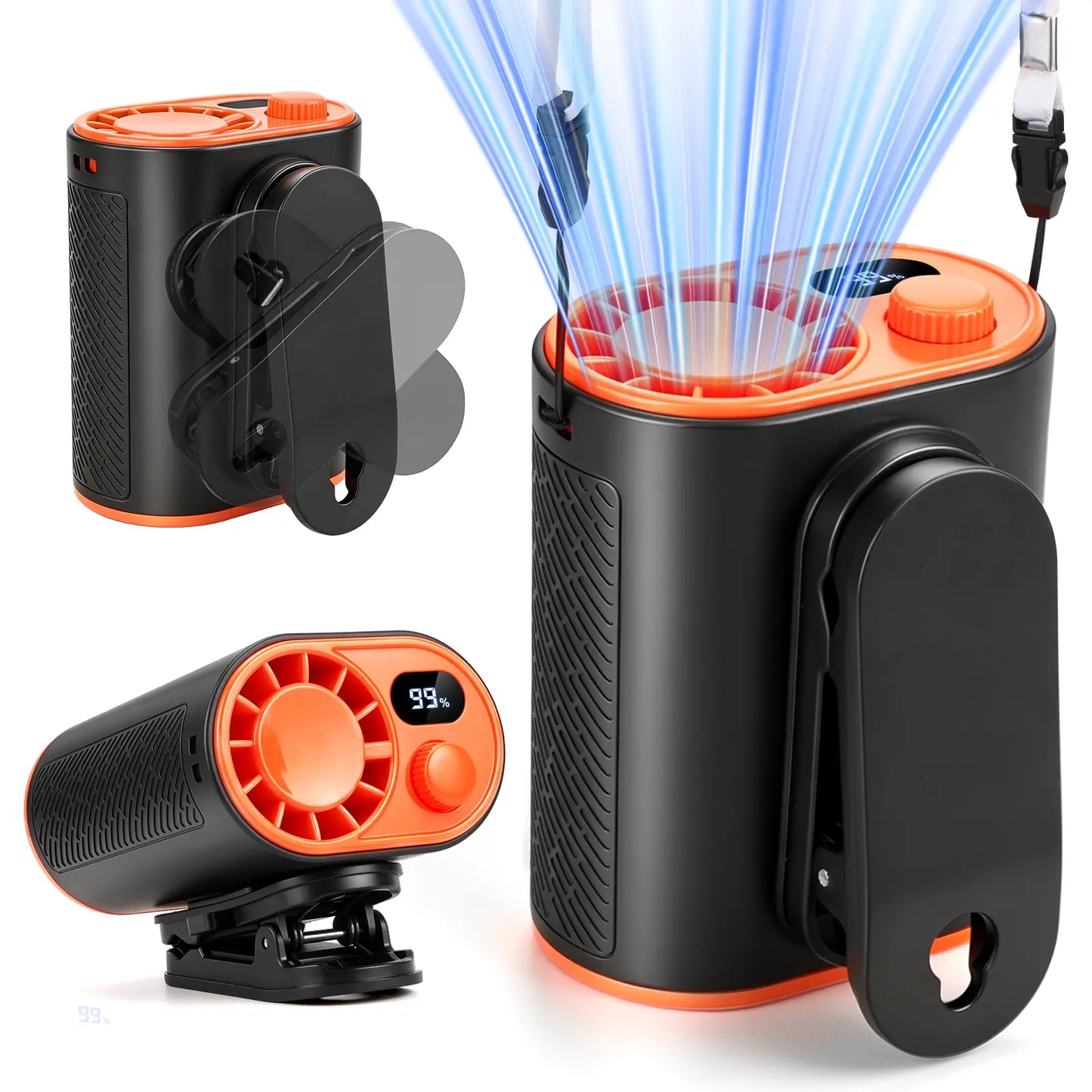 WHATOOK Portable Clip-On Waist Fan: AI Rechargeable Hands-Free Neck Fan with 10M/S Strong Airflow, 360° Rotatable Clip, and Adjustable Speed Settings for Outdoor Activities and Job Sites