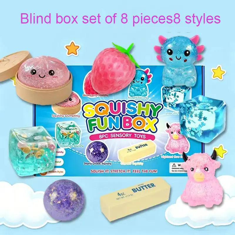 8-Piece Malt Sugar Stress Relief Fidget Toy Collection, Innovative Sensory Set Featuring Slow-Return Squishies in 8 Distinct Designs