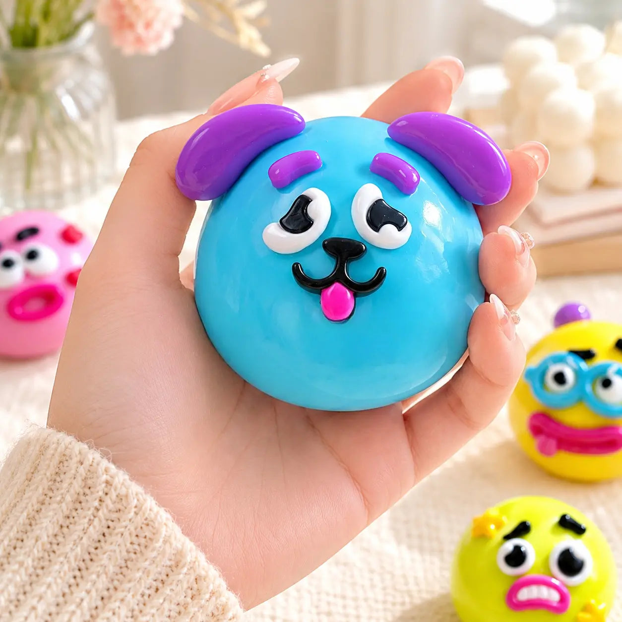 Rainbow Stress Relief Squishy Balls - Slow Rising Fidget Toys for Anxiety Management, DIY Dog Face Swap, Soft Sensory Desk Accessory, Perfect Gifts for Adults
